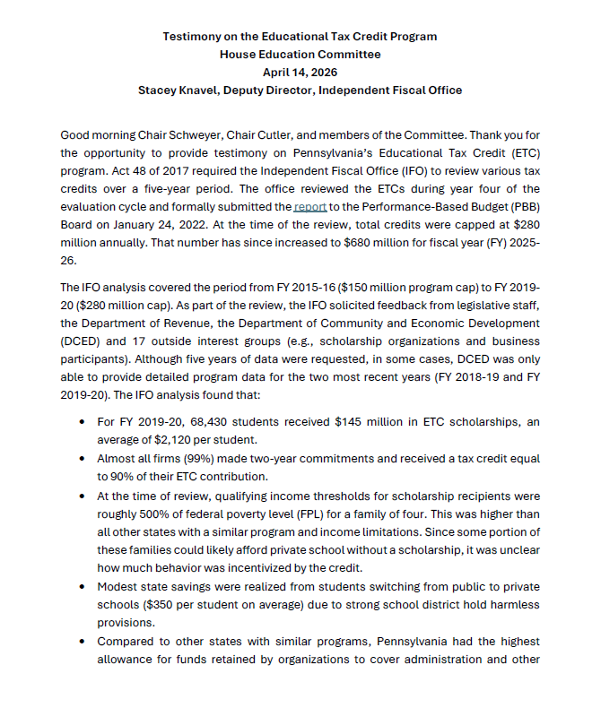 Release thumbnail - Testimony on the Educational Tax Credit Program - 2026-04-14